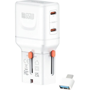  Захранване за ел. мрежа с 2xUSB-C изходи и преходници за цял свят в едно устройство - 4smarts Nomad GaN Universal World Travel Wall Charger 65W (бял) (541647)