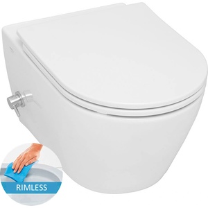 SEREL Конзолна тоалетна чиния SP26 без ръб (RIM Free) с бавнопадащ капак (SLIM Soft Close) и вграден кран студена (или предварително смесена) вода (SP26-RIMFREE-1)