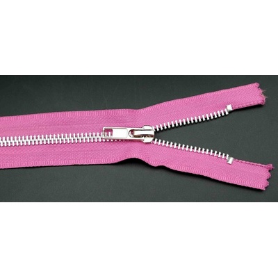 Jeans zipsy mosadzné č. 5 nedeliteľné - dĺžka 10 cm - 25 cm 20 cm ružová so striebornými zuby