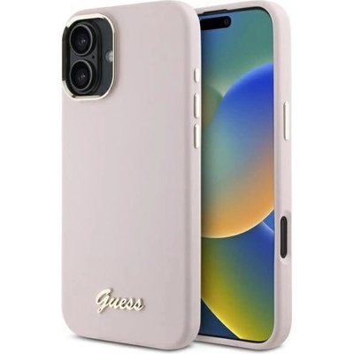 GUESS Калъф Guess Silicone Script с метално лого и рамка за iPhone 16 - розов (3666339344252)