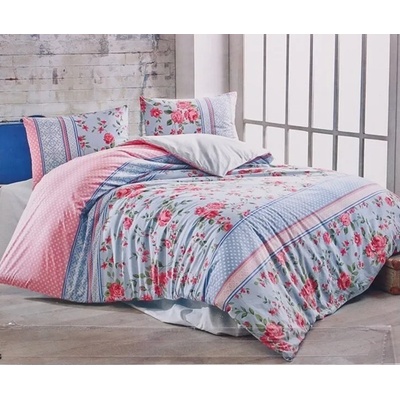 Памучно спално бельо в розово и светлосиньо с рози и точки