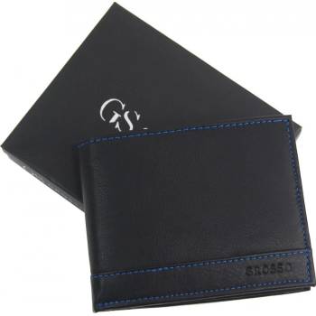 Kožená pánska peňaženka s modrou niťou v krabičke GROSSO čierna