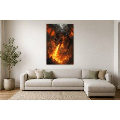 Obraz na plátně – Drak chrlící oheň nad ruinami 90 × 135 cm