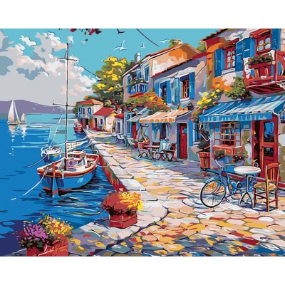 ZUTY KAVÁRNA U MOŘE A LODĚ Rozměr 40 x 50 cm Rámování vypnuté plátno na rám