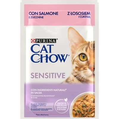 Паучове за котки purina cat chow sensitive, за котки с чувствителен стомах над 1 година със сьомга и тиква - 0.085кг