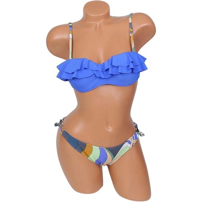 Дамски бански две части в синьо с цветен десен
