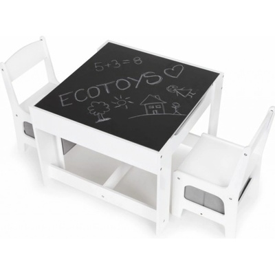 Eco toys Detský drevený nábytok stolček s tabuľou + dve stoličky biela/sivá