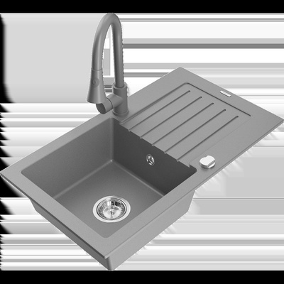 Pablo Гранитна мивка с една камера с отцедник и кухненски смесител Elia, сив - 6510-71-670101-71 (6510-71-670101-71)