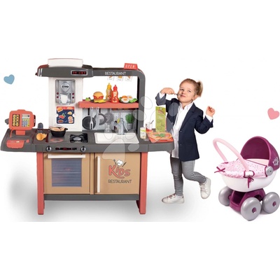 Smoby Set reštaurácia s elektronickou kuchynkou Kids Restaurant a hlboký kočík s textilom pre bábiku