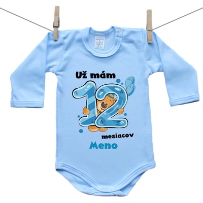Boodyy Modré body s dlhým rukávom Už mám 12 mesiacov s Medvedíkom a menom dieťatka Chlapec