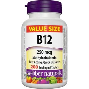 Webber Naturals Vitamin B12 Methylcobalamin - Витамин В12 метилкобаламин 250 g, 200 сублингвални таблетки (3076 WN)