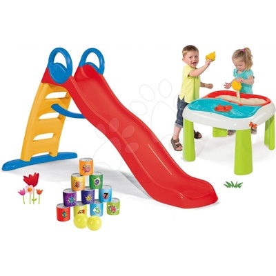 Smoby set skluzavka Funny Toboggan 2 m a stůl Voda&Písek s krytem a kuželky zvířátka 820401-14
