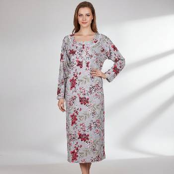 Ватирана макси нощница в сиво с червени цветя