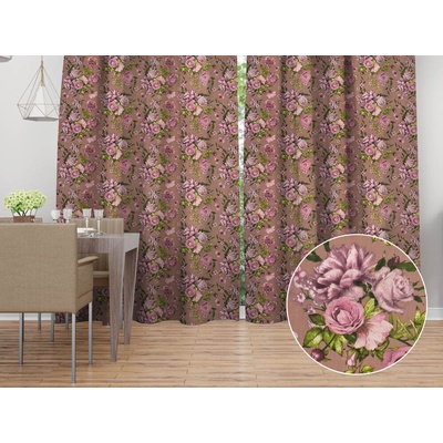 Biante Bavlnený záves Sandra SA-554 Ruže a hortenzie na hnedom 140x250 cm