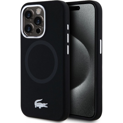 Lacoste Liquid Silicone Microfiber Silver Croc Logo MagSafe Zadní Kryt pre iPhone 15 Pro Black