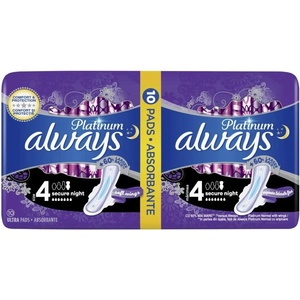 Always Дамски превръзки с крилца Always Platinum - Secure Night, 10 броя