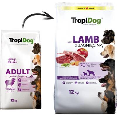 TropiDog премиум за възрастни кучета от средни и големи породи с агнешко месо и ориз 12 кг