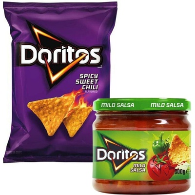 Doritos USA kukuřičné tortillové chipsy s příchutí chilli + Doritos Mild Salsa zeleninový dip