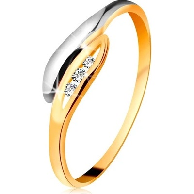 Šperky Eshop zlatý diamantový prsten 585 dvoubarevné zahnuté lístečky tři čiré brilianty BT179.52