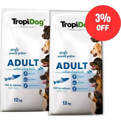Tropidog Premium Adult Medium & Large BREEDS bohatý na lososa s ryžou 2 x 12 kg