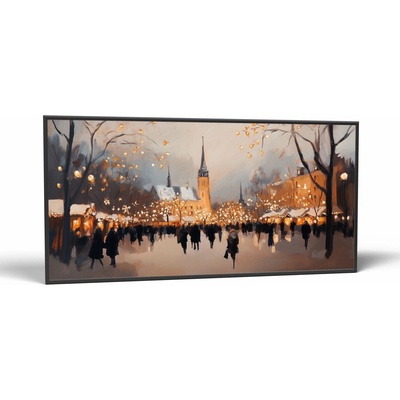 Ročné obdobia Vianočný večer námestia | Obraz Vintessia v ráme Rozmery panoráma: 60x120, Rám: Čierny matný-alu