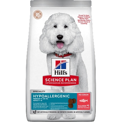 Hill's Суха храна за израснали кучета от средни породи Hill's Science Plan Canine Hypoallergenic Medium Adult, със сьомга - 2.5 кг
