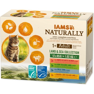 Iams Cat Naturally výběr z mořských a suchozemských mas v omáčce 12 x 85 g