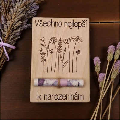 Dekorace z Řečice Dřevěné přání k narozeninám na peníze květiny 1