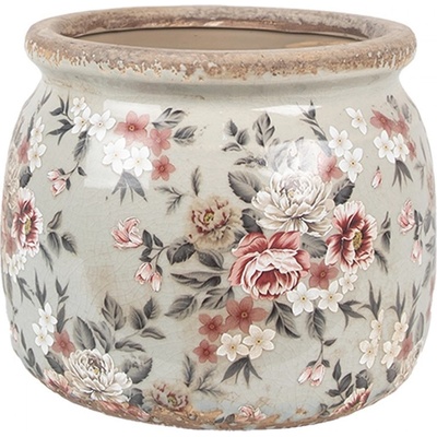 Clayre & Eef Zelený keramický květináč s květy Floria M 16x13 cm