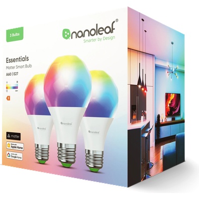 Nanoleaf Комплект 3 смарт крушки LED RGBCW Nanoleaf Essentials Smart, Bluetooth, Съвместими с Matter, A60, E27, 9W (60W), Бяла и цветна светлина (2700-6500K), Енергиен клас F (NF080B02-3A19E)