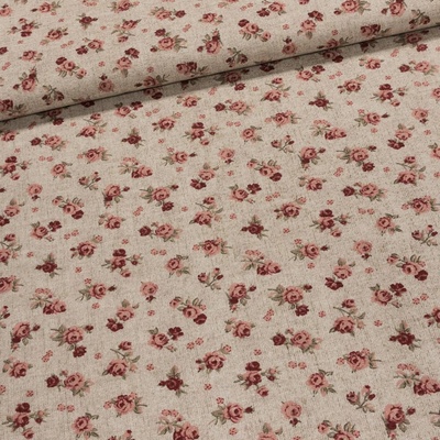 Směsové plátno 2020-44-A růžičky na béžovém melíru, růžová, š.140cm (látka v metráži)