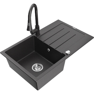 Mexen Bruno кухненска мивка от гранит с 1 отделение, с отцедник и кухненски смесител Elia, черно с пръски - 6513-76-670101-76 (6513-76-670101-76)