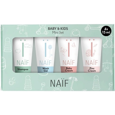Naif Baby & Kids čistiaci a umývací gél pre deti a bábätká 15 ml + ošetrujúci krém pre deti od narodenia 15 ml + výživný šampón pre detskú pokožku hlavy 15 ml + krém na zapareniny pre deti od narodeni
