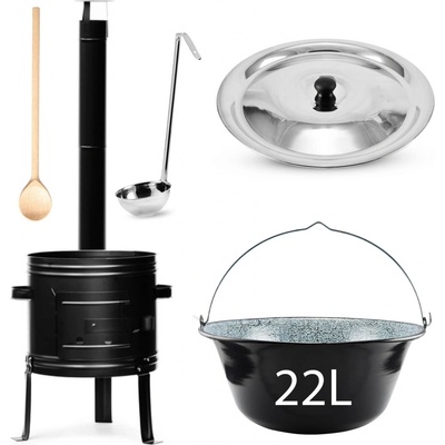 Perfect Home KotlinaSet011 Železná kotlina s komínem, kolenem 42 cm + smaltovaný kotlík s poklicí na guláš 22 L + Vařečka – Sleviste.cz