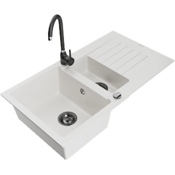 Mexen Matias гранитна кухненска мивка 1, 5-коморова с плот и кухненски смесител Telma, бял - 6502-20-670200-70 (6502-20-670200-70)