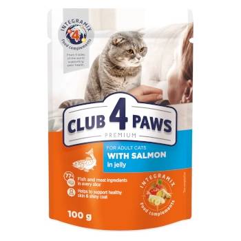 CLUB 4 PAWS Adult Cat Pouch Salmon in Jelly - пауч за котки над 12 месеца със сьомга в желе - 100гр