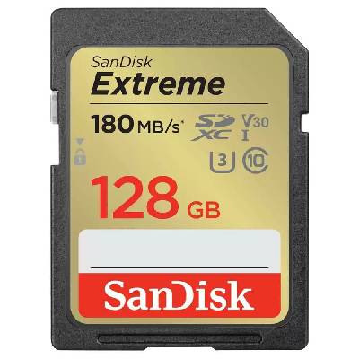 Карта памет 128GB SDXC, Sandisk Extreme, Class 10 UHS-1 U3, скорост на четене 180MB/s, скорост на запис 90MB/s (SDSDXVA-128G-GNCIN)