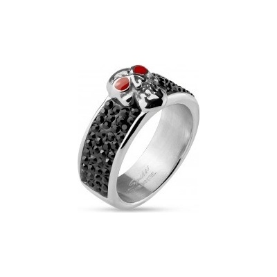Šperky eshop Oceľový prsteň striebornej farby lebka s červenými očami čierne zirkóny M15.29