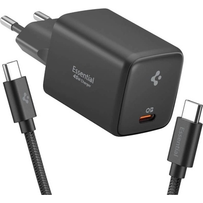 Spigen Захранване за ел. мрежа с USB-C изход с технология за бързо зареждане и USB-C към USB-C кабел - Spigen Essential GaN Fast Wall Charger 45W With USB-C Cable (черен) (ACH09474)
