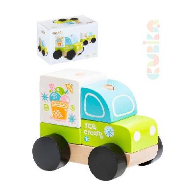 CUBIKA DŘEVO Baby autíčko Vůz zmrzlinový navlékací stavebnice set 5 dílků