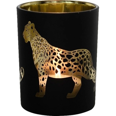 Černo zlatý skleněný svícen s jaguárem M - 8*8*10cm - Mars & More
