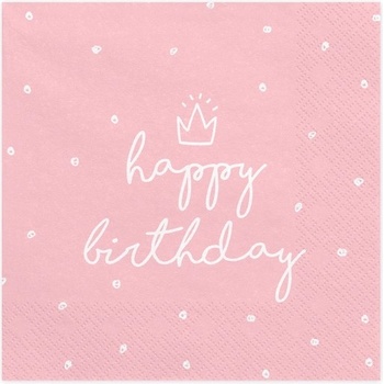 PartyDeco Парти Салфетки "Happy Birthday" , Светло Розови
