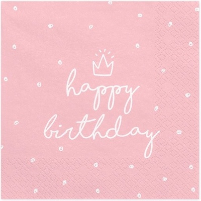 PartyDeco Парти Салфетки "Happy Birthday" , Светло Розови