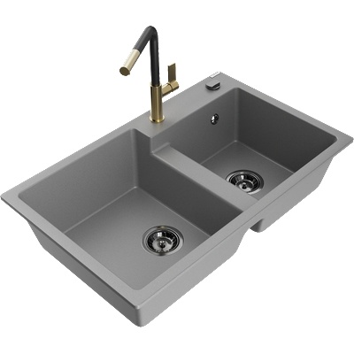 Mexen Tomas гранитна мивка с 2 отделения и кухненски смесител Flora, сив - 6516-71-670401-57-B (6516-71-670401-57-B)