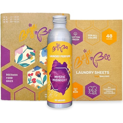 BajaBee Eco Set | Voskovaný pytlík XL 1 ks + Prací papírky 48 praní + Parfém na praní 250ml