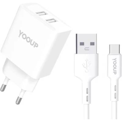 YOOUP Мрежово зарядно устройство с 2xUSB гнездо + USB-C кабел Yooup 12W NC76-B + NB36-P9-1M (NC76-B + NB36-P9-1M)