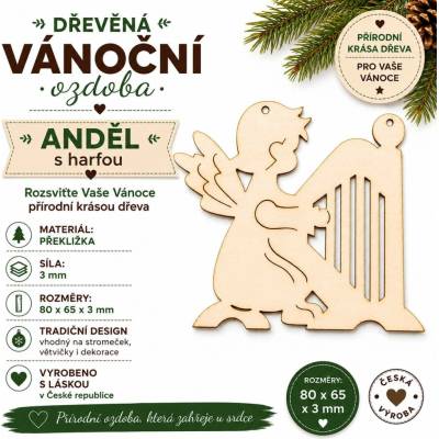 ADVIPO Dřevěná vánoční ozdoba Anděl s harfou 80 × 65 mm