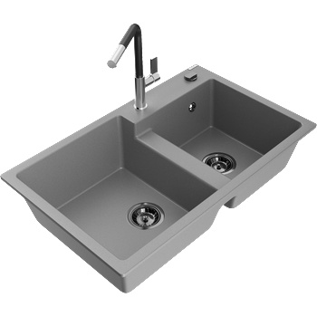 Mexen Tomas гранитна мивка с два корита и кухненски смесител Flora, сив - 6516-71-670401-07-B (6516-71-670401-07-B)