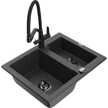 Mexen Carlos гранитна мивка 1, 5-камерна с кухненски смесител Duo, черно накъдрено - 6518-76-671701-70-B (6518-76-671701-70-B)