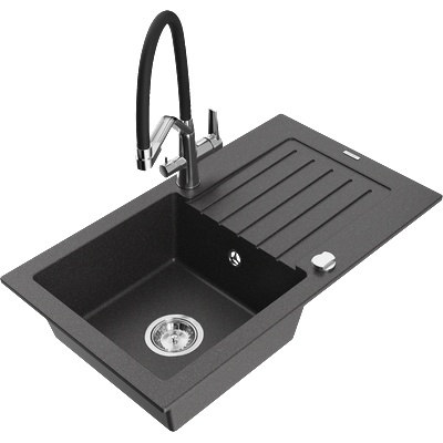 Mexen Pablo гранитна мивка 1-камерна с отцедник и кухненски смесител Duo, черен петнист - 6510-76-671701-07 (6510-76-671701-07)